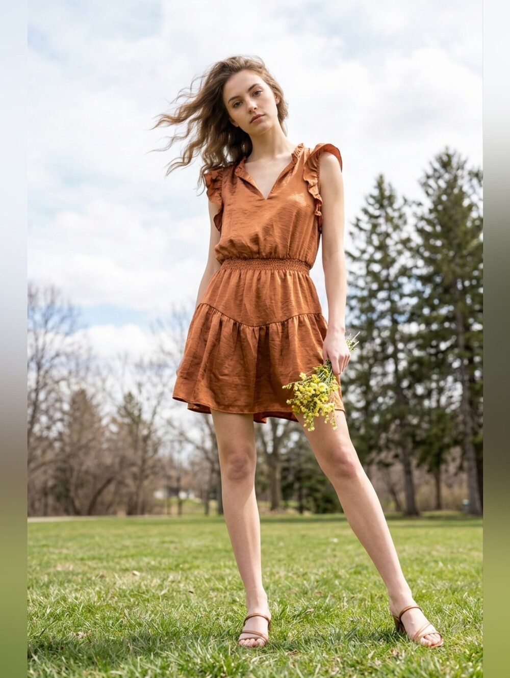 Steve Madden Copper Satin Ruffle Mini Dress - Picture 2 of 4